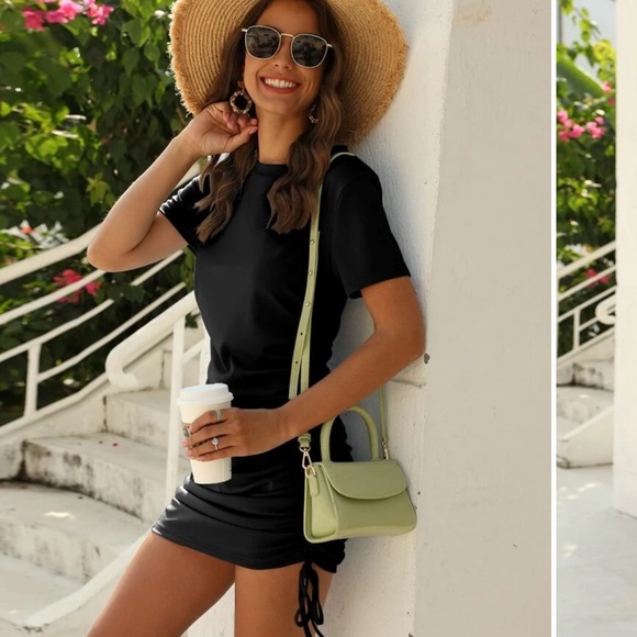 Fav Black Ruched Drawstring Fitted Tshirt Dress - Picture 5 of 5